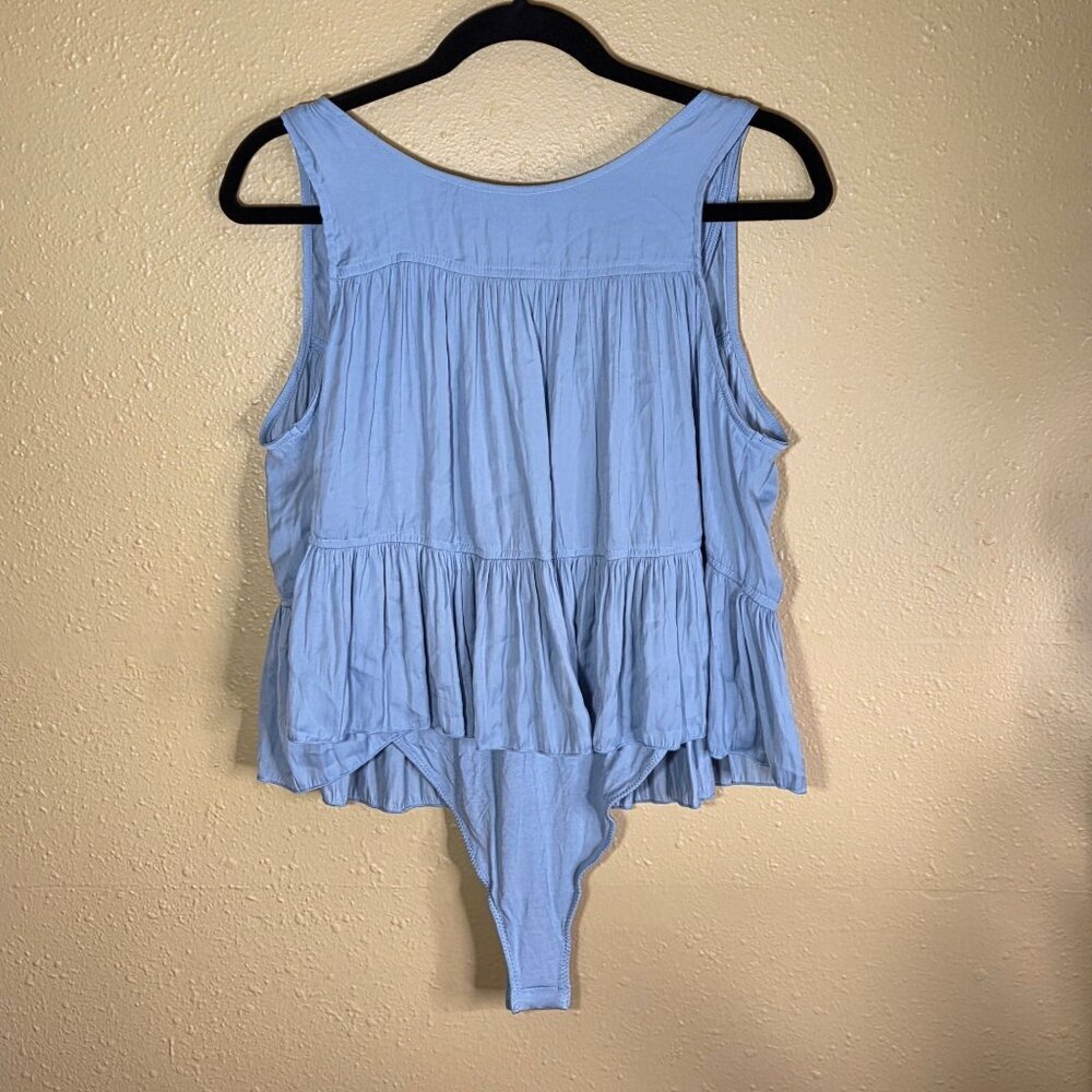 NWT Free People Women's Pretty Please Popover Blue Ruffled Bodysuit